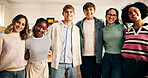 Portrait, high school students and group with hug for support, academic development or learning. Teenager, boys and girls embrace in classroom together with smile, happiness or education with friends