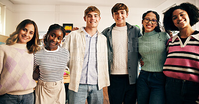 Buy stock photo Portrait, high school students and group with hug for support, academic development or learning. Teenager, boys and girls embrace in classroom together with smile, happiness or education with friends