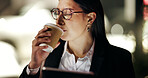 Coffee, night and business woman in office with tablet for working late, online proposal and project. Professional, corporate and person with beverage, drink and tech for report, website and research