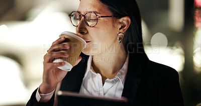 Buy stock photo Coffee, night and business woman in office with tablet for working late, caffeine break and energy. Professional, corporate and person with beverage, drink and latte for deadline, overtime and relax