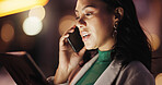 Woman, phone call and tablet in office at night for discussion, planning and deadline for proofreading. Bokeh, journalist and mobile to contact editor, schedule interview and overtime for publication
