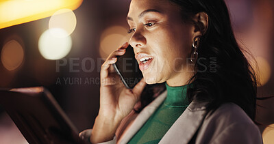 Buy stock photo Woman, phone call and tablet in office at night for discussion, planning and deadline for proofreading. Bokeh, journalist and mobile to contact editor, schedule interview and overtime for publication