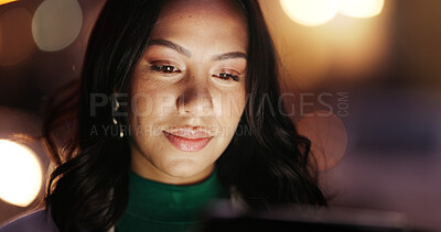 Buy stock photo Business woman, tablet and night in city with search, travel and check booking price for hotel accommodation. Person, tech and dark town with bokeh, contact and app for taxi on commute in Mexico