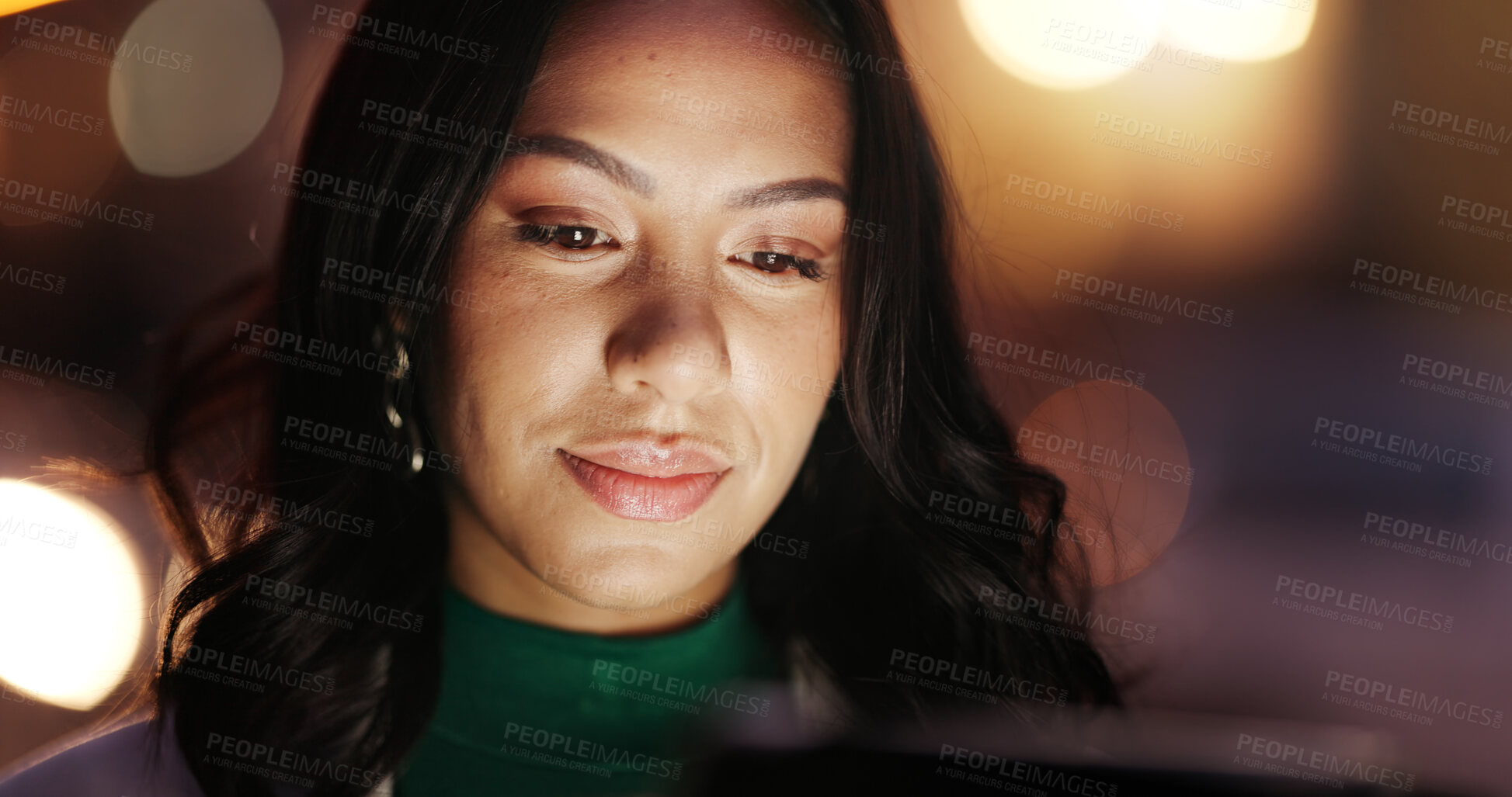 Buy stock photo Business woman, tablet and night in city with search, travel and check booking price for hotel accommodation. Person, tech and dark town with bokeh, contact and app for taxi on commute in Mexico