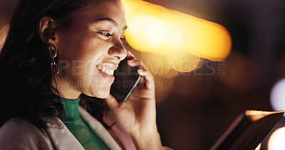 Buy stock photo Woman, phone call and tablet with smile at night for discussion, planning and deadline for proofreading. Bokeh, journalist and mobile to contact editor, interview agenda and overtime for publication