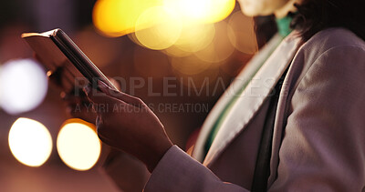 Buy stock photo Tablet, hands and businesswoman in town at night for legal research, email or communication online. Bokeh, digital technology and female corporate lawyer with contact on app for career in city.