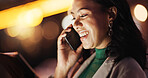Happy, woman and phone call with tablet at night for discussion, planning and deadline for proofreading. Bokeh, journalist and mobile to contact editor, interview agenda and overtime for publication