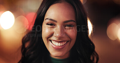 Buy stock photo Night, portrait and smile with woman employee at work for career development or job opportunity. Bokeh, face and late with happy business person outdoor for commute or travel from location in dark