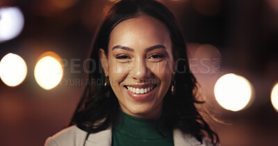 Buy stock photo Night, portrait and smile with corporate woman at work for career development or job opportunity. Bokeh, business and face of happy employee outdoor for late travel from location as pedestrian