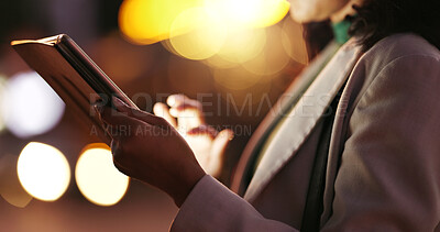Buy stock photo Tablet, hands and businesswoman in city at night for legal update, email or communication online. Bokeh, digital technology and female corporate lawyer with contact on app for career in town.