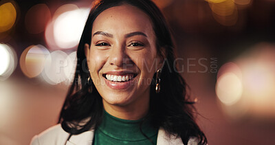 Buy stock photo Late, portrait and smile with business woman at work for career development or job opportunity. Bokeh, face and night with happy person outdoor for commute or travel from location as employee