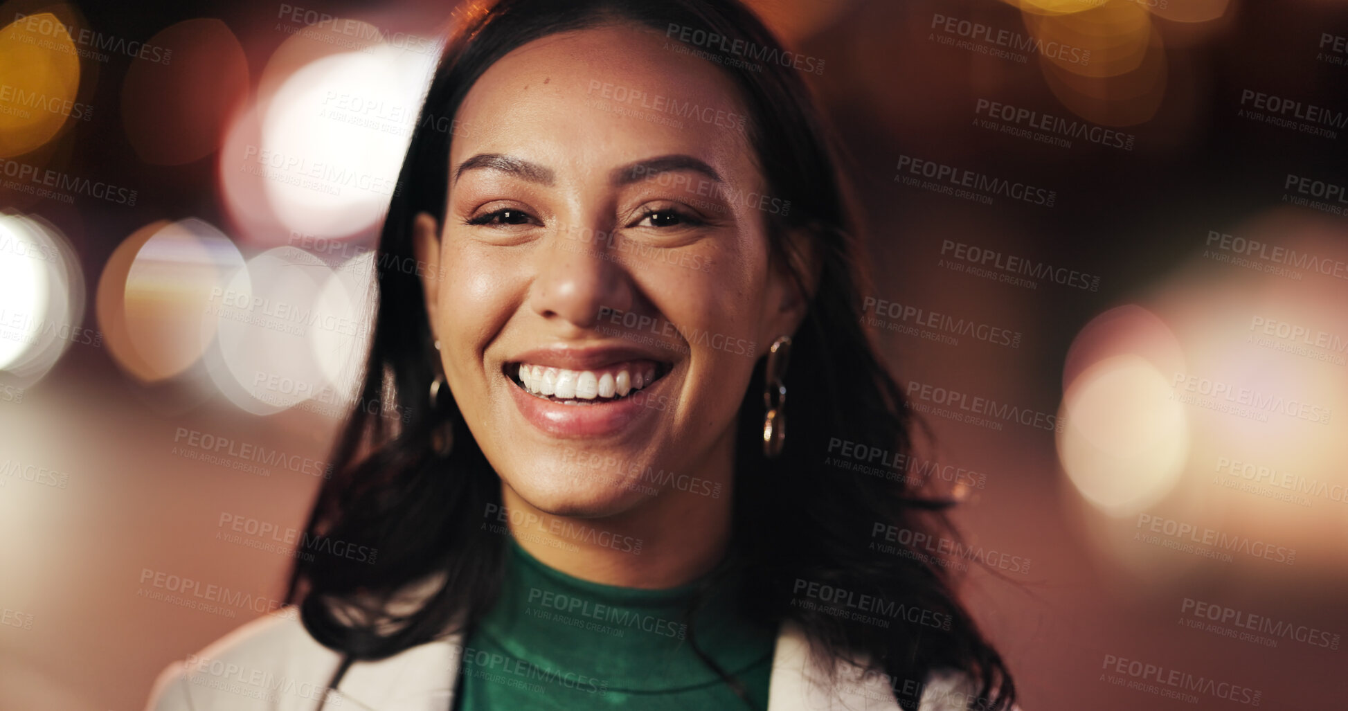 Buy stock photo Late, portrait and smile with business woman at work for career development or job opportunity. Bokeh, face and night with happy person outdoor for commute or travel from location as employee