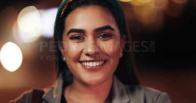 Buy stock photo Dark, happy and portrait with business woman at work for career development or job opportunity. Bokeh, face and late with smile of person outdoor for commute or travel from location as employee