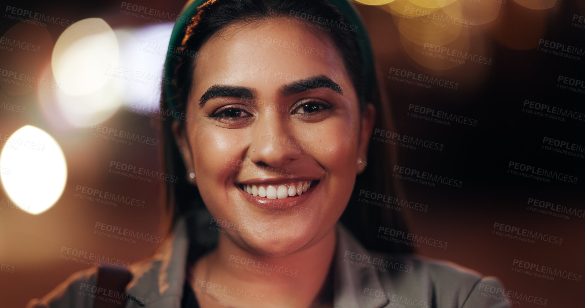 Buy stock photo Dark, happy and portrait with business woman at work for career development or job opportunity. Bokeh, face and late with smile of person outdoor for commute or travel from location as employee