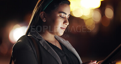 Buy stock photo Woman, tablet and night in city for trip, direction or booking taxi with bokeh on urban commute. Business person, tech and chat in town, contact and notification with social network app in Mexico