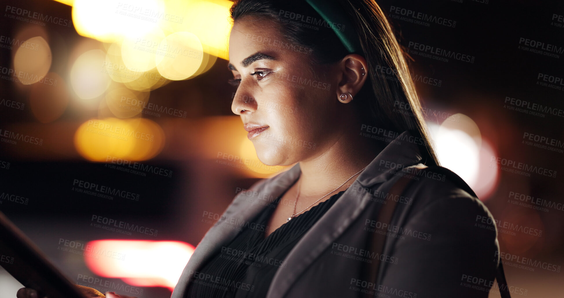 Buy stock photo Woman, tablet and night in city for travel, scroll or booking taxi for commute on business trip. Person, tech and search in town, contact and notification with chat on social media app in Colombia