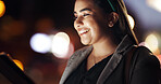 Tablet, smile and night with business woman in city for stock market research, planning and broker report. Account manager, overtime and bokeh space with person for portfolio review and network