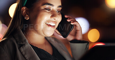 Buy stock photo Woman, phone call and tablet in city at night for discussion, planning and deadline for proofreading. Bokeh, journalist and mobile to contact editor, schedule interview and overtime for publication