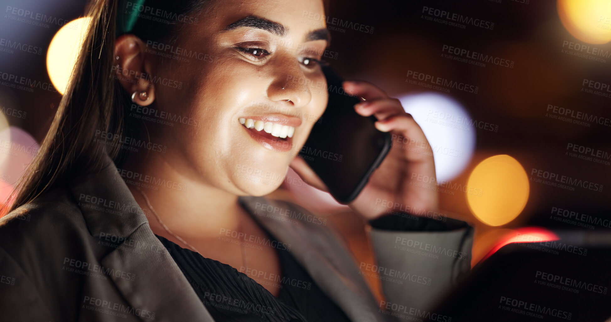 Buy stock photo Woman, phone call and tablet in city at night for discussion, planning and deadline for proofreading. Bokeh, journalist and mobile to contact editor, schedule interview and overtime for publication