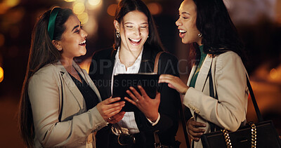 Buy stock photo Tablet, night and laugh with business people in city for stock broker report, market research and planning. Bokeh, trading app and investor partnership with women outdoor for overtime and joke