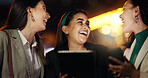 Funny, night and tablet with employee women outdoor together for conversation or planning. App, bokeh and laughing with happy business people working late for collaboration or research as friends