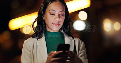 Buy stock photo Business woman, phone or night in city with texting, contact or booking taxi on evening commute. Person, smartphone and outdoor at bokeh with mobile app, travel or search for hotel location in Mexico