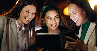 Buy stock photo Tablet, night and smile with business people in city for stock broker report, market research and planning. Bokeh, trading app and investor partnership with women outdoor for overtime and account