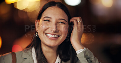 Buy stock photo Business woman, smile and night in city with pride, confidence and bokeh for portrait in street. Person, happy and outdoor in dark town for travel, urban commute or trip with career in Colombia