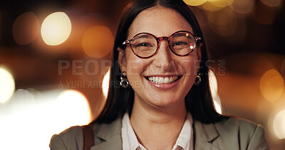 Buy stock photo Portrait, business and woman with smile at night for travel, about us and bokeh with career pride. Female person, happy and glasses with blurred background of commute, consultant and city opportunity