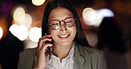 Business woman, smile and phone call in city at night, discussion and networking for deal in street. Person, happy and smartphone in dark town for chat, contact and booking taxi for trip in Colombia