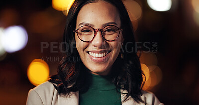 Buy stock photo Happy, business and woman with portrait at night for travel, about us and bokeh with career pride. Female person, smile and glasses with blurred background of commute, consultant and city opportunity