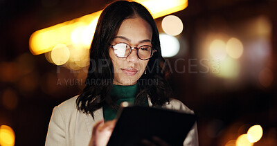 Buy stock photo Tablet, reading and night with business woman in city for stock market research, planning and broker report. Account manager, overtime and bokeh with person outdoor for portfolio review and network