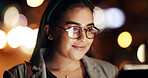 Glasses, night and business woman in office for working late, online proposal and project deadline. Company, corporate and person on tech in dark for reading report, website or research with bokeh