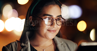 Buy stock photo Glasses, night and business woman in office for working late, online proposal and project deadline. Company, corporate and person on tech in dark for reading report, website or research with bokeh