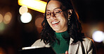 Tablet, research and night with business woman in city for stock market app, planning and broker report. Account manager, overtime and bokeh with person outdoor for portfolio review and network