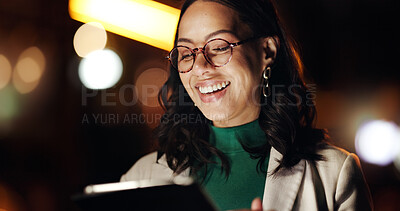 Buy stock photo Tablet, research and night with business woman in city for stock market app, planning and broker report. Account manager, overtime and bokeh with person outdoor for portfolio review and network