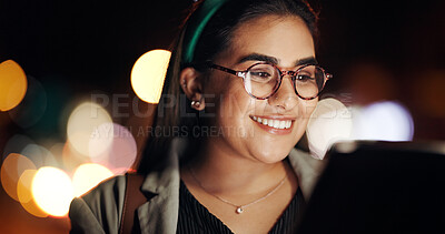 Buy stock photo Tablet, glasses and night with business woman in city for stock market research, planning and broker report. Account manager, overtime and bokeh with person outdoor for portfolio review and network