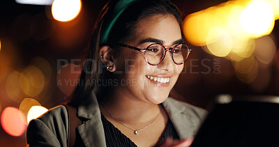 Buy stock photo Tablet, planning and night with business woman in city for stock market research, reading and broker report. Account manager, overtime and bokeh with person outdoor for portfolio review and network