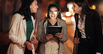 Buy stock photo Tablet, night and team with business people in city for stock broker report, market research and planning. Bokeh, trading app and investor partnership with women outdoor for overtime and account