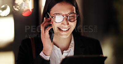 Buy stock photo Creative, woman and phone call with tablet at night for discussion, planning and deadline for proofreading. Bokeh, journalist and mobile to contact editor, agenda update and overtime for publication