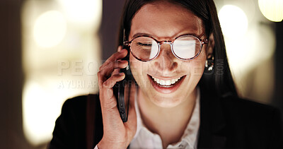 Buy stock photo Business, call and woman in office with bokeh, negotiation and night shift for startup company. Happy, corporate and consultant in dark room with tech, deal close and win in investor discussion. 