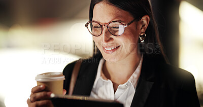 Buy stock photo Happy woman, night and tablet with coffee for news, company research or online report in cafe. Female person, journalist or publisher working late with smile on technology for small business story