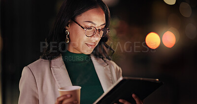 Buy stock photo Business woman, tablet and coffee in city at night, travel and check booking price for hotel accommodation. Person, tech and dark town with application, contact and bokeh on commute in Colombia