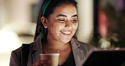 Buy stock photo Happy woman, tablet and coffee at night in town, meme and notification with funny post on commute. Person, laugh and tech in city with drink, application and booking taxi on business trip in Mexico