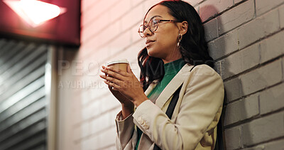 Buy stock photo Businesswoman, coffee and thinking in city at night, reflection and memory with warm beverage on trip. Person, outdoor and perspective with insight, decision and inspiration with drink in Mexico