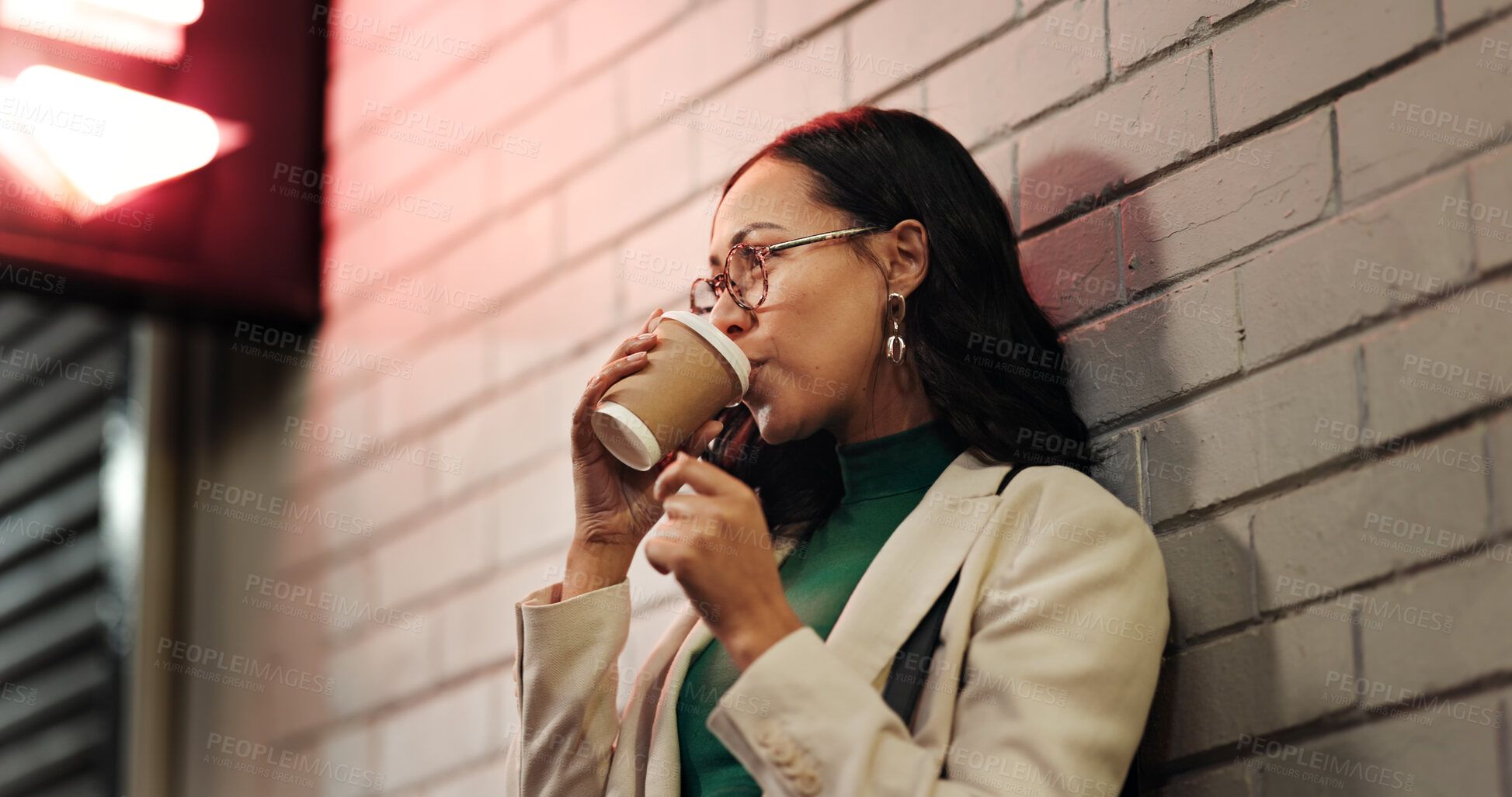 Buy stock photo Thinking, woman and drinking coffee in city at night for travel, delayed date and waiting for taxi. Thoughts, female person and takeaway beverage, espresso and decision for commute reflection in town