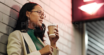 Buy stock photo Businesswoman, coffee and reflection in city at night, thinking and memory with warm beverage on trip. Person, outdoor and perspective with insight, decision and inspiration with drink in Colombia