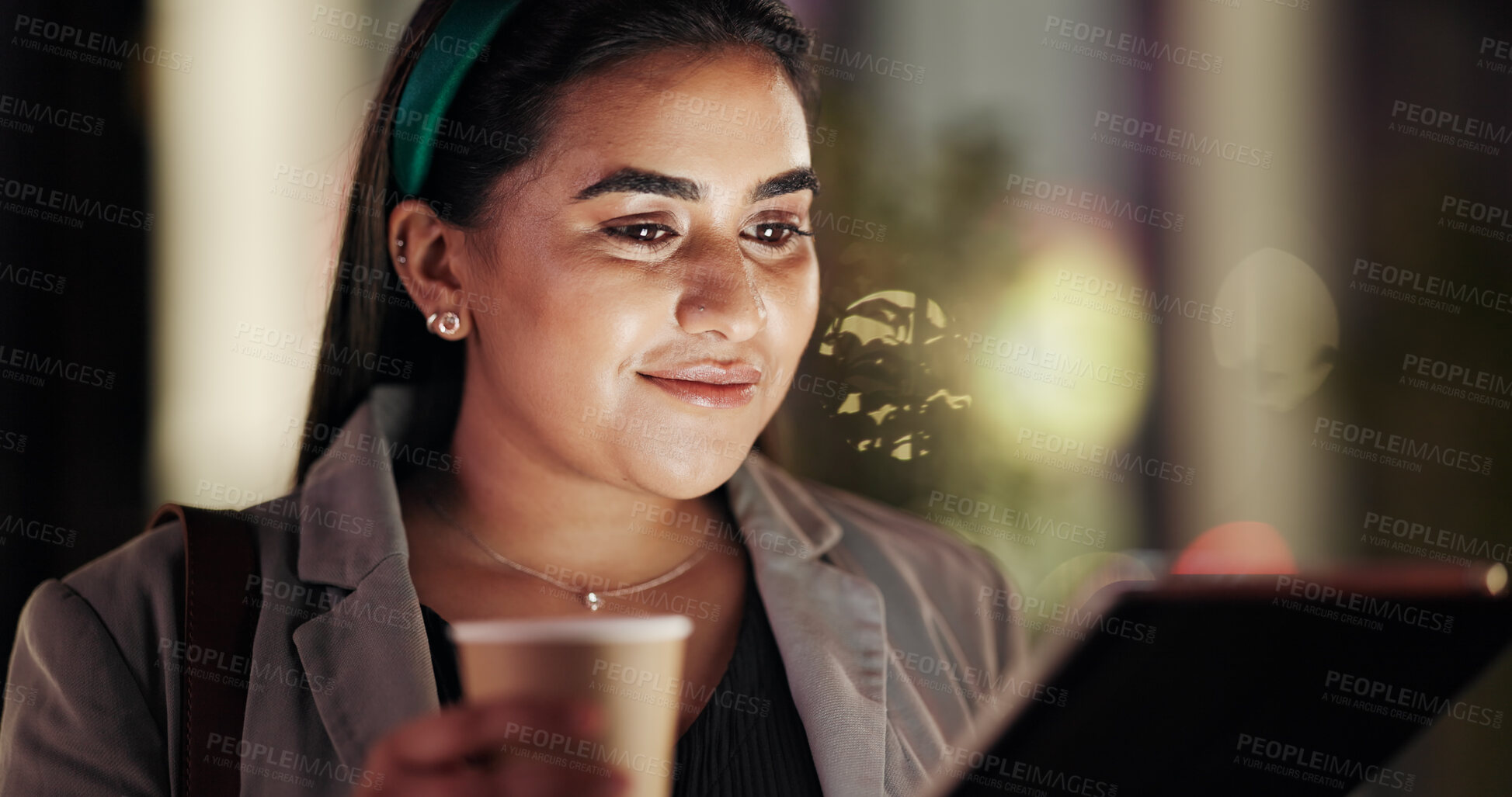 Buy stock photo Woman, journalist and tablet at night in city with smile, search or review investigation notes on break. Person, press reporter and tech with app, drink and happy on commute for story lead in Mexico