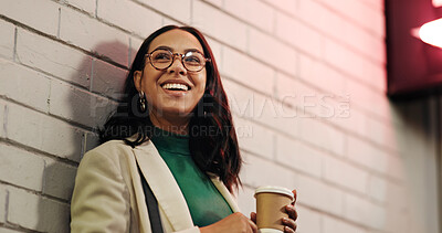 Buy stock photo Happy woman, night and thinking with coffee in city for schedule date or waiting for rendezvous. Thoughtful, female person or smile with cup in late evening for outdoor event or club in an urban town
