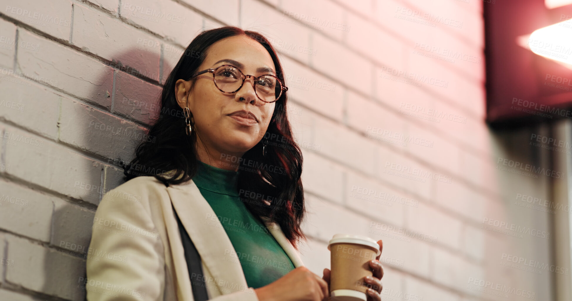 Buy stock photo Businesswoman, coffee and memory in city at night, thinking and reflection with warm beverage on trip. Person, outdoor and perspective with smile, decision and inspiration with drink in Venezuela